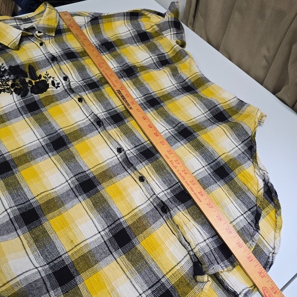 Maeve Shirt Women M/L Yellow Plaid Button Up Embroidered 3/4 Sleeve Flowers Boho - Picture 12 of 14